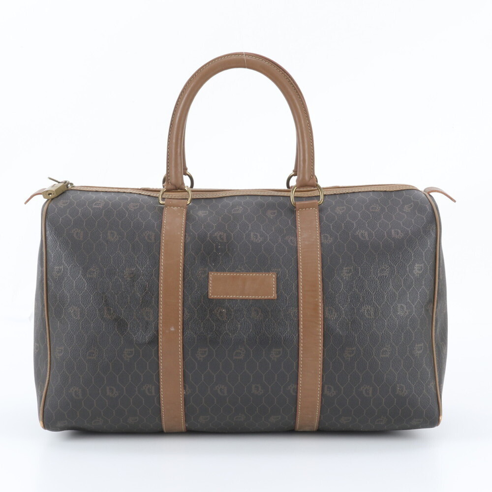 Christian Dior Honeycomb Pattern Leather Boston Bag Tote Brown Men's